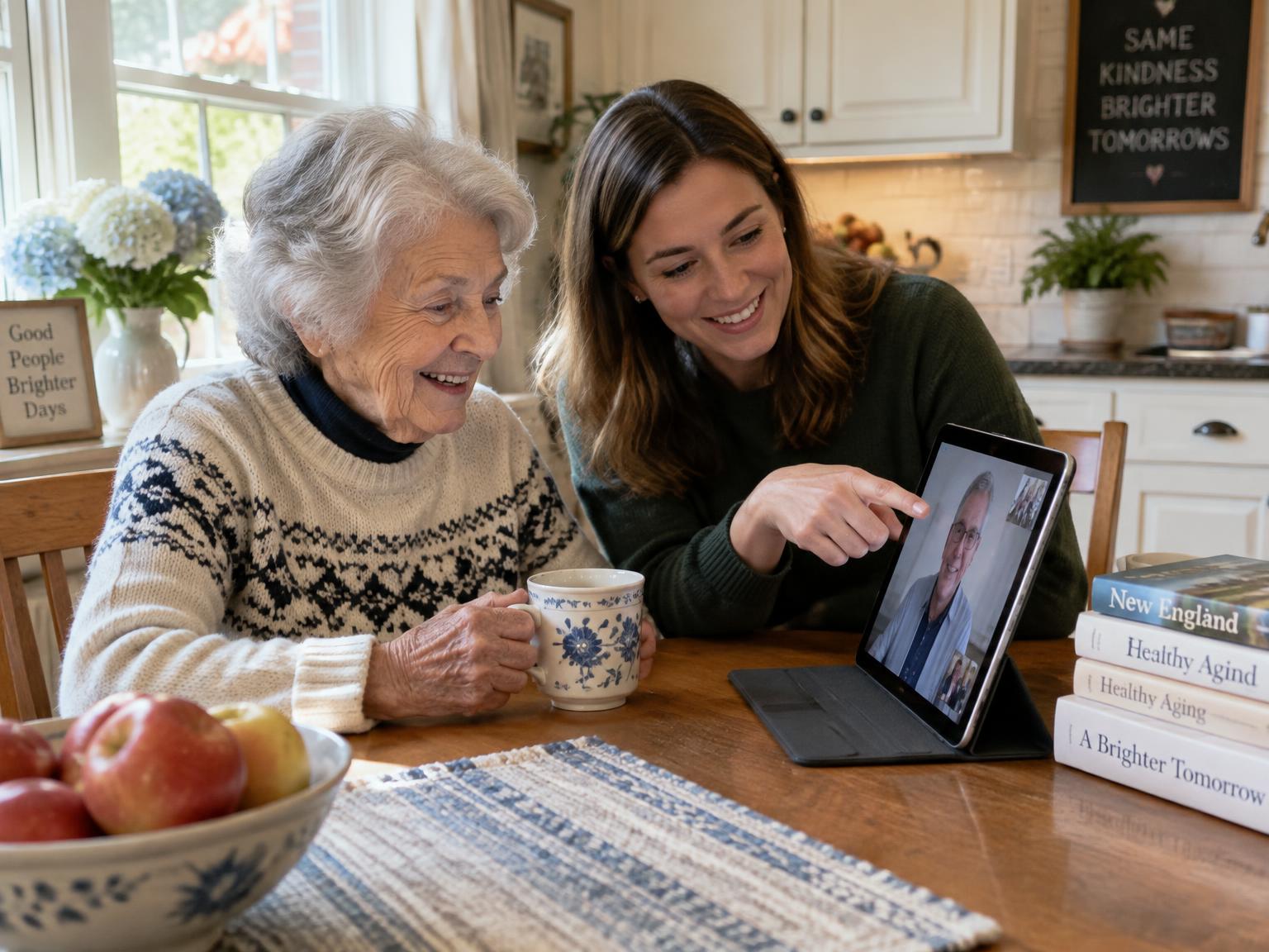 An older woman smiling during a video call while her coach helps with the tablet